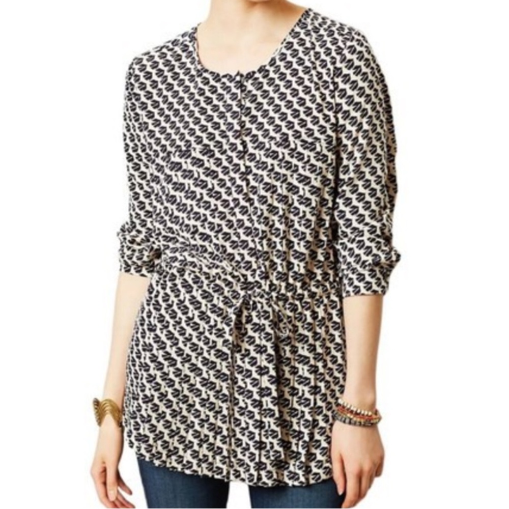 Anthropologie Maeve Selva Printed Button Front Pleated Drawstring Tunic Top Navy